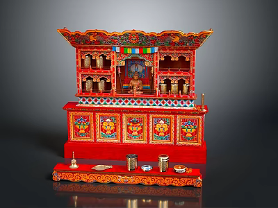 Traditional Red Shrine with Ornate Carvings Colorful Patterns and Hanging Bells and Small Decorative Objects 3d model