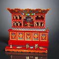 Traditional Red Shrine with Ornate Carvings Colorful Patterns and Hanging Bells and Small Decorative Objects