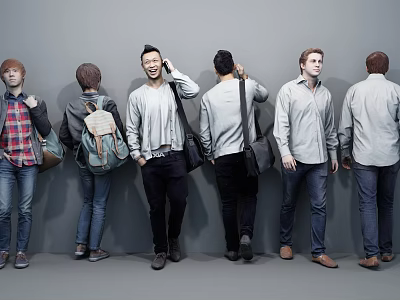 Group of People Standing in Line with Backpacks and Casual Clothing 3d model