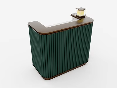 Stylish Reception Desk With Ribbed Dark Green Panel Wooden Top And Small Lamp 3d model