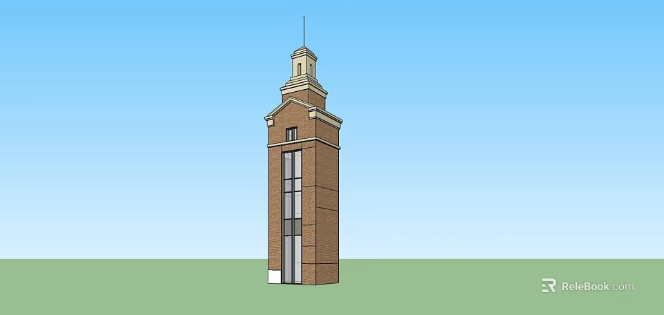 Tall Brick Clock Tower With Classical Architectural Design Arched Windows And Spire Top 3d model 