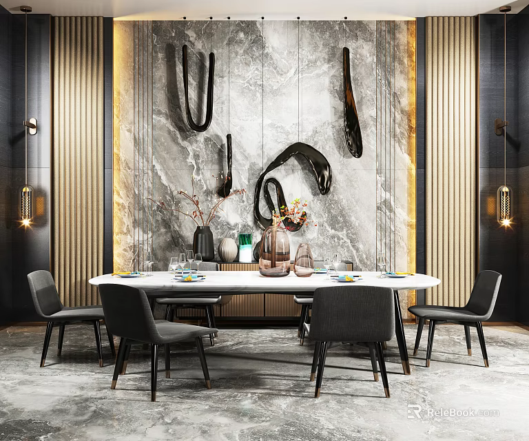 Modern Round Dining Table Set With Gray Chairs Marble Backdrop Abstract Decorations And Tableware Vases 3d model 