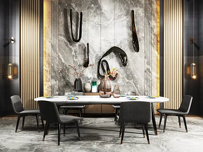 Modern Round Dining Table Set With Gray Chairs Marble Backdrop Abstract Decorations And Tableware Vases 3d model