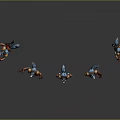 Armored Fantasy Characters And Creatures With Red Blue Armor In Different Poses On Grey Background