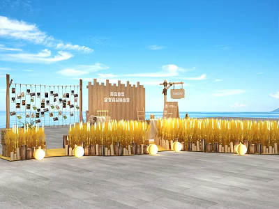 Scenic Photo Check in Spot with Wooden Backdrop Golden Decorations Round Lights and Sea View 3d model