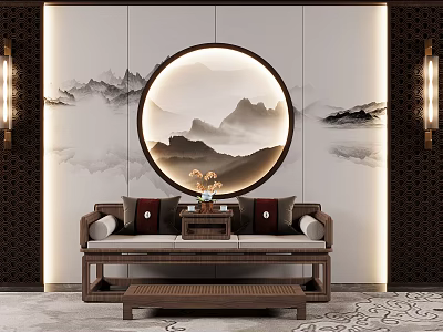 Traditional Chinese Style Luohan Bed With Round Landscape Painting Wall And Wooden Tea Table 3d model