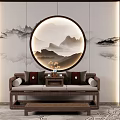 Traditional Chinese Style Luohan Bed With Round Landscape Painting Wall And Wooden Tea Table
