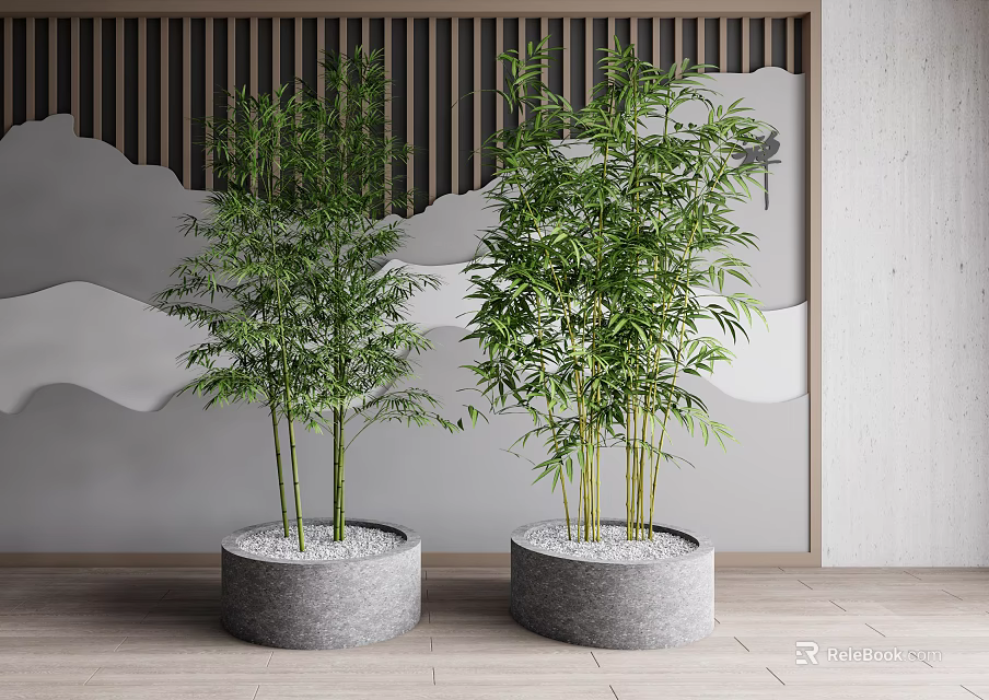 Lush Bamboo Plants In Round Gray Pots With White Pebbles And Wooden Slat Background 3d model 