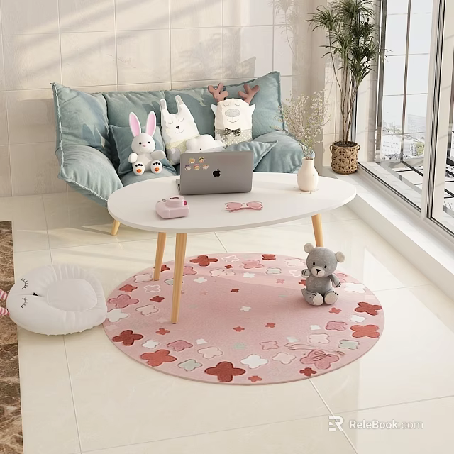 Round Coffee Table With Laptop Pink Decor And Vase On Pink Floral Rug 3d model 