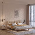 Modern Minimalist Double Bed with Upholstered Headboard Nightstands Pendant Lights Wall Art and Cozy Bedding