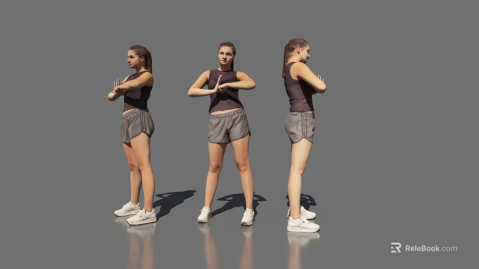 Women In Different Poses Wearing Sport Vest Shorts And Sneakers On Gray Background 3d model 