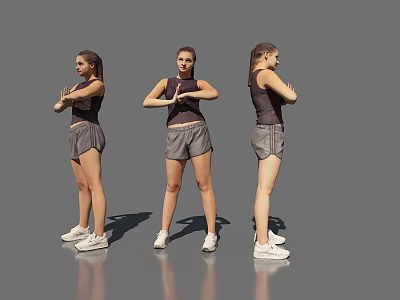 Women In Different Poses Wearing Sport Vest Shorts And Sneakers On Gray Background 3d model