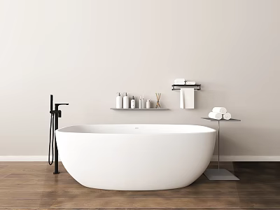 White Freestanding Bathtub With Black Faucet And Wall Shelves Holding Toiletries And Rolled Towels 3d model