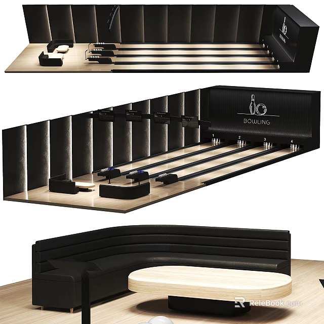 Modern Sports Equipment For Bowling With Lanes Pins And Comfortable Seats 3d model 