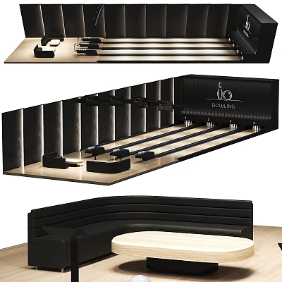 Modern Sports Equipment For Bowling With Lanes Pins And Comfortable Seats 3d model