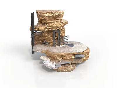 Decorative 3D Rock Layered Structure With Staircase Platform And Metal Railings 3d model