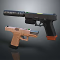 Tactical Black And Brown Pistols Featuring Barrel Attachments And Grip Design 3d model