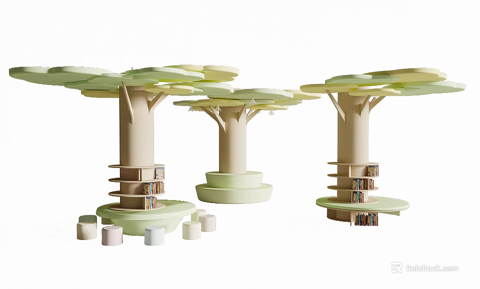 Tree Inspired Decorative Columns With Bookshelves And Green Canopy Tops In Interior Design 3d model 