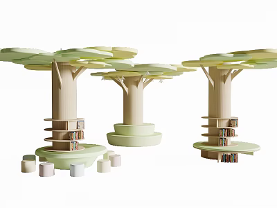 Tree Inspired Decorative Columns With Bookshelves And Green Canopy Tops In Interior Design 3d model
