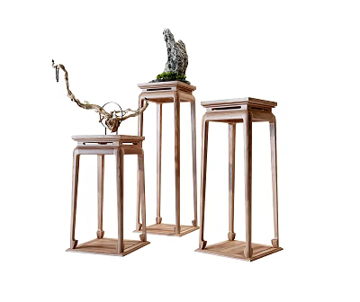 Three Elegant Wooden Flower Stands With Simple Design And Different Heights For Home Decor 3d model
