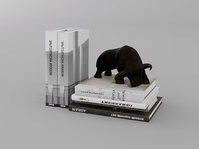 Elegant Ornamental Decor Set With Black Bull Figurine On Stacked Books And Upright Books 3d model