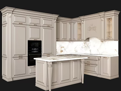 Elegant Modern Kitchen Interior With White Cabinets And Marble Island Countertop 3d model