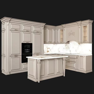 Elegant Modern Kitchen Interior With White Cabinets And Marble Island Countertop 3d model