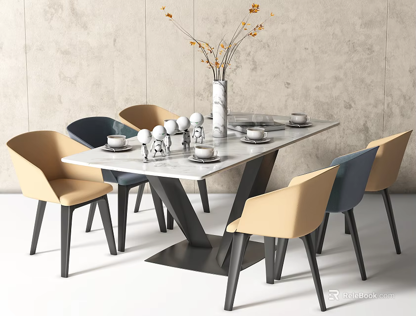 Modern Dining Table Set With Beige Blue Chairs Vase And Tableware On Gray Wall 3d model