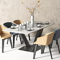 Modern Dining Table Set With Beige Blue Chairs Vase And Tableware On Gray Wall 3d model