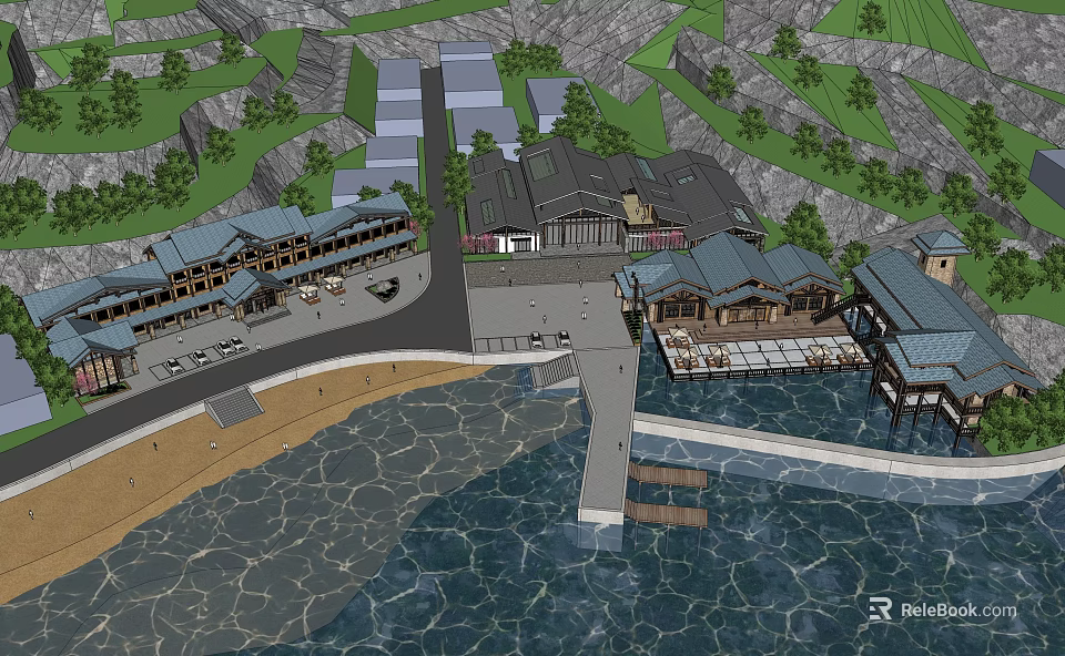 Scenic Commercial Street With Traditional Architecture Mountain View Waterfront And Pedestrian Walkway 3d model 