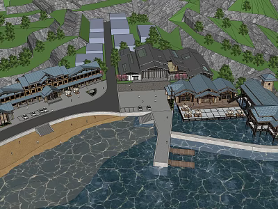 Scenic Commercial Street With Traditional Architecture Mountain View Waterfront And Pedestrian Walkway 3d model