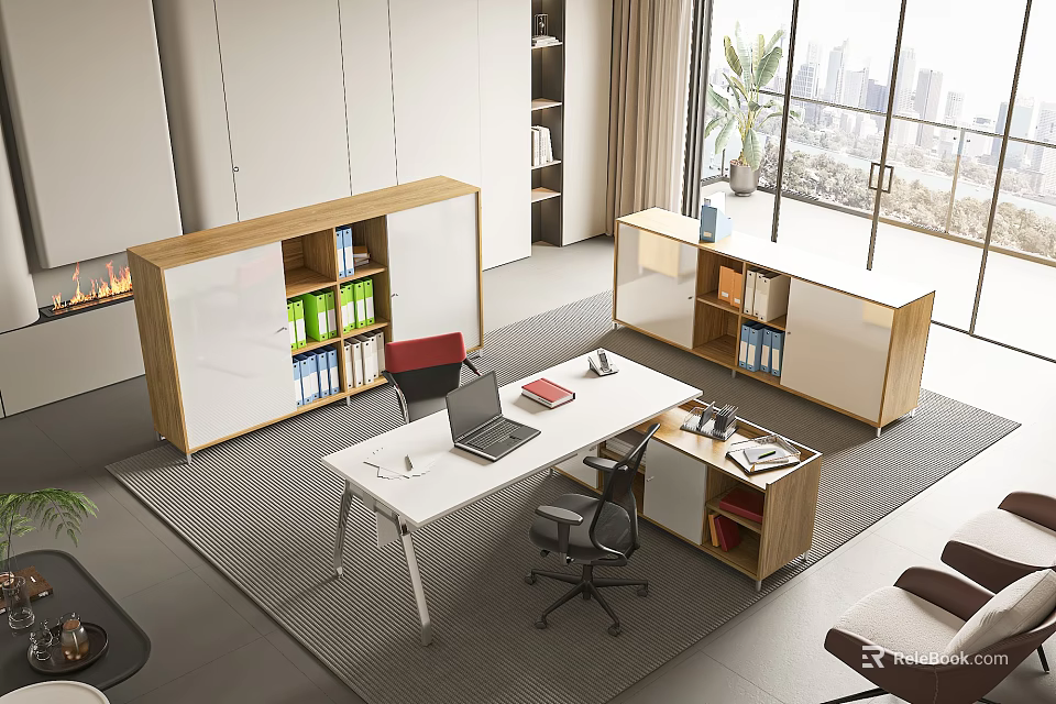 Modern Office Desk Setup With Laptop Office Chair And Filing Cabinets Near Window 3d model 