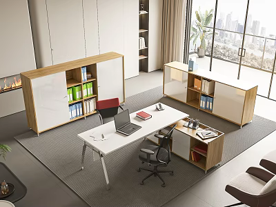 Modern Office Desk Setup With Laptop Office Chair And Filing Cabinets Near Window 3d model