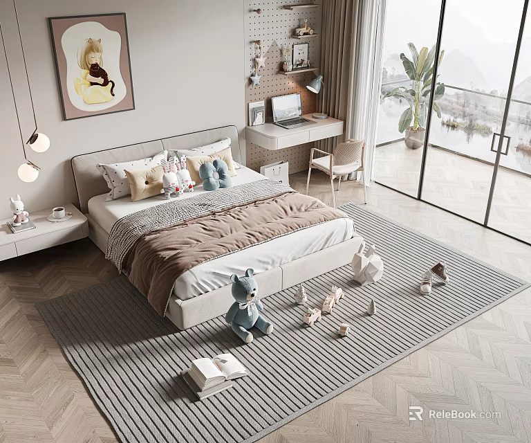 Kids Bedroom Interior With Bed Stuffed Toys And Study Desk 3d model 