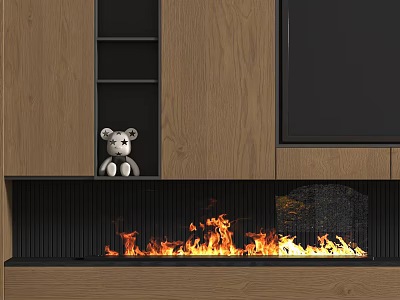 Modern Wooden Fireplace Interior With Burning Flames And Teddy Bear On Shelf 3d model