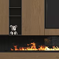 Modern Wooden Fireplace Interior With Burning Flames And Teddy Bear On Shelf