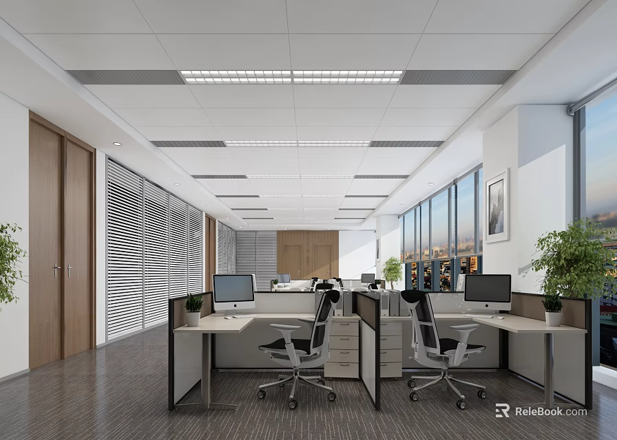 Modern Public Office Space With Open Workstations Computers Green Plants Large Windows And Ceiling Lights 3d model