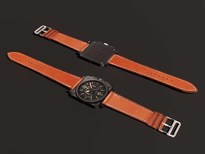 Stylish Daily Use Watches With Orange Leather Straps And Black Dials 3d model