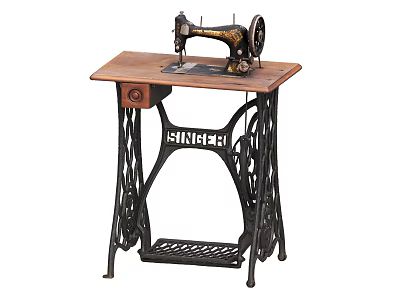 Vintage Singer Sewing Machine On Wooden Table With Intricate Metal Frame 3d model