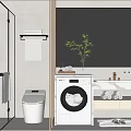 Modern Bathroom Interior With Shower Enclosure Toilet Washing Machine Vanity Mirror And Wooden Cabinetry