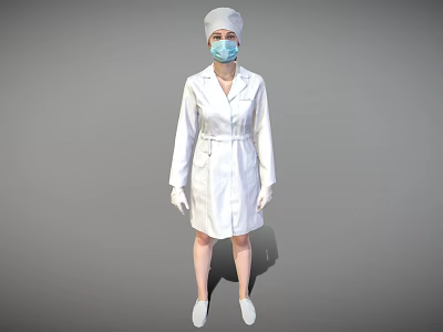 Woman In White Lab Coat With Face Mask Cap And White Gloves Standing 3d model