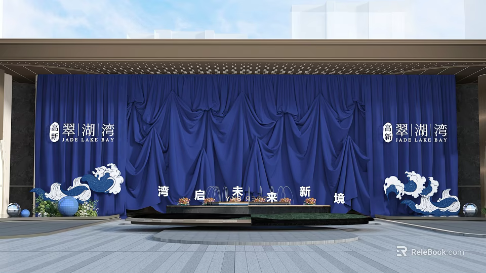 Elegant Event Entrance with Blue Curtain Cuilanwan Wooden Structure and Future New City Waves 3d model 