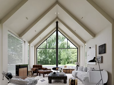 Spacious Living Room Interior With High Vaulted Ceiling Large Glass Windows And Green Trees View 3d model