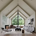 Spacious Living Room Interior With High Vaulted Ceiling Large Glass Windows And Green Trees View