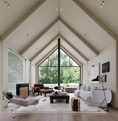 Spacious Living Room Interior With High Vaulted Ceiling Large Glass Windows And Green Trees View 3d model