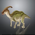 Realistic Parasaurolophus Dinosaur With Crested Head And Green Brown Body Standing On Gray Background