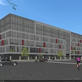 Modern Office Building with Glass Curtain Walls Multi Storey Design Trees Cars and Cyclists