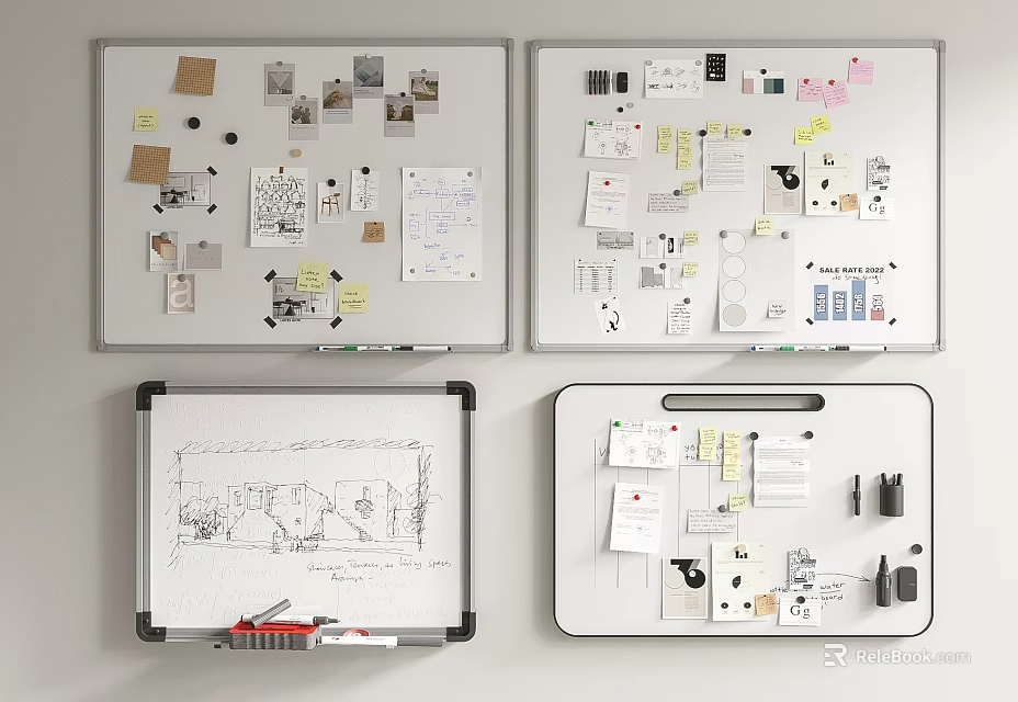 Creative Musical Instruments And Art Supplies Display On Whiteboards With Sticky Notes Sketches And Plans 3d model 