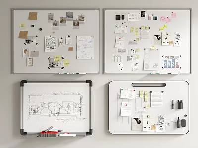 Creative Musical Instruments And Art Supplies Display On Whiteboards With Sticky Notes Sketches And Plans 3d model