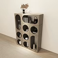 Modern Wooden Display Shelf with Multiple Circular And Square Compartments Holding Vases And Ornaments